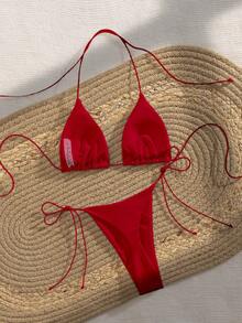 Bộ bikini dự tiệc PEPPERMOLLY mới, màu trơn, dây mảnh, kiểu đan chéo, hở lưng, thích hợp cho mùa hè đi biển, dành cho nữ, màu đen, thích hợp cho kỳ nghỉ. - Đỏ sẫm - Xem 2