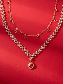 1pc Elegant Pearl Layered Heart Shaped Necklace, Delicate & Sexy, Princess Style