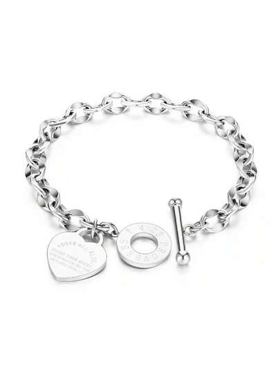 1 Stück Damen Edelstahl klassisches herzförmiges graviertes OT-Verschluss Lippenkette Armband, geeignet für tägliche und festliche Anlässe, Geschenk