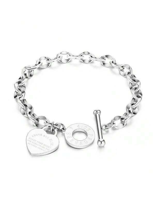 1pc Women's Stainless Steel Classic Heart Engraved OT Clasp Lip Chain Titanium Steel Silver Bracelet, Suitable For Daily And Holiday Wear, Gift [Random Letter]