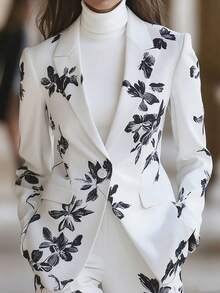 High Quality Women Blazer Elegant Fashion Casual Floral Print Long Sleeve Single Button Double Pocket Suit Jacket, Suitable For All Season - 白色 - 查看 2