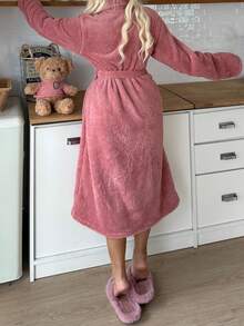 1pc Women Plush Fluffy Robe, Minimalist Elegant, Warm & Comfortable For Autumn/Winter, Fall, Cozy Outfit - Dusty Pink - View 4
