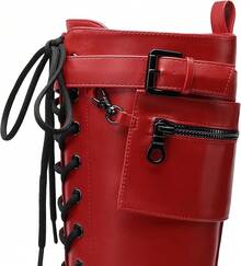 Women's Combat Riding Platform Knee High Boots, Lace Up Fall Lug Sole Gothic Motorcycle Boots With Inside Zipper, 2025 Style - Red - View 8