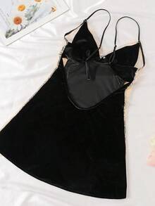 Sexy Lingerie Elastic Velvet And Lace Sexy Sling Mini Dress 1pc, Rave - 黑色 - 查看 6