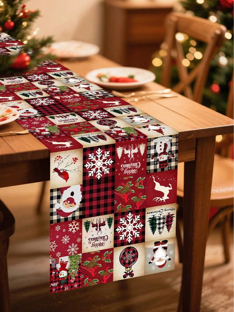 1pc Festive Christmas Table Runner, Multi-Grid Christmas Elements Table Flag, Santa Snowman Elk Xmas Tree Pattern, Polyester Fabric, Seasonal Winter Xmas Kitchen Dining Table Decoration For Home Party Decor, Christmas Decorations 2025 - Multicolor - View 4