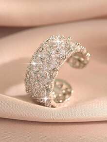 1枚梦幻花朵锆石订婚戒指，镀银宽戒圈，适合女性日常佩戴，可打开，珠宝礼品 - 銀色 - 查看 7