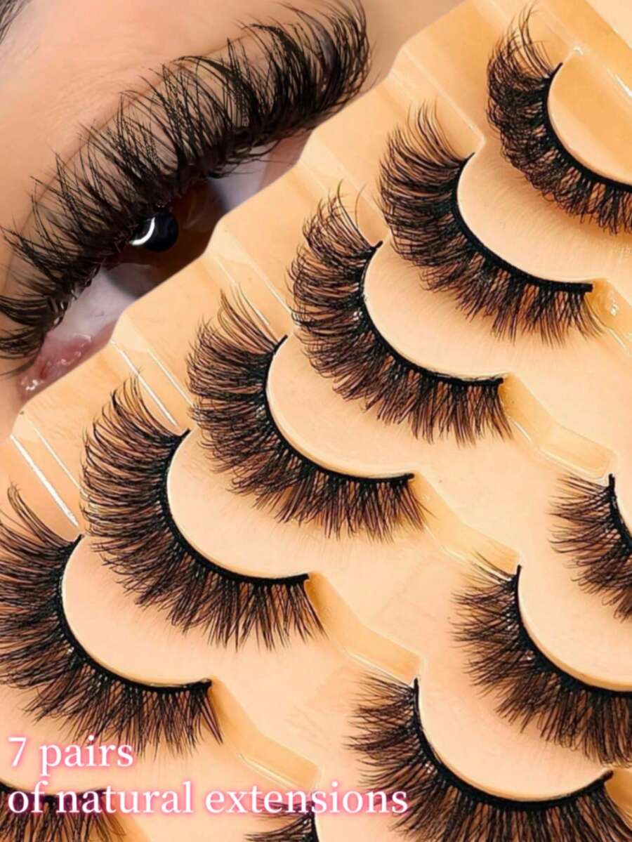 7pcs/Set Short 3D Mink Eyelashes, Russian DD Curl, Handmade, Natural Fluffy & Thick, Full Strip Eyelashes, Wholesale, Eye Makeup False Eyelashes - Black - View 1