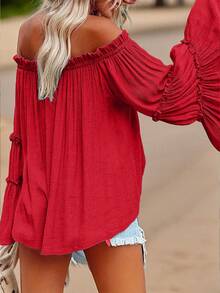 Whisplicity Plus Size Women's Solid Color Open Shoulder Flare Sleeve Blouse Spring Red Casual - Red - View 4