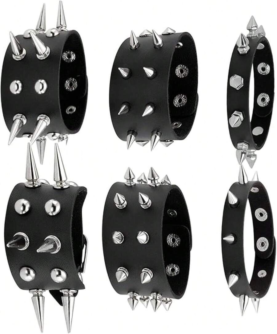 Eigso 3 Pcs Leather Punk Bracelets Men Women Of Rock Rivet Wrap Retro Spike Bracelet Adjustable - Black-6 Pcs 2 - View 1