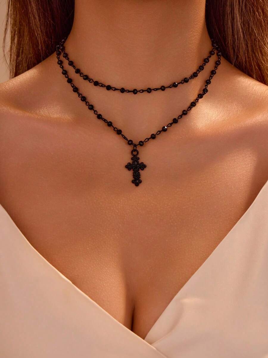 Cuiwrgrs 2pcs Dark Vintage Cross Chain Pendant Necklace - Black - View 1