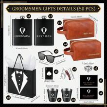 50Pcs Groomsmen Gifts Groomsmen Proposal Box With Flasks Sunglasses PU Leather Toiletry Bag Bottle Opener For Wedding Groomsman Best Man Gift (Brown),10591600