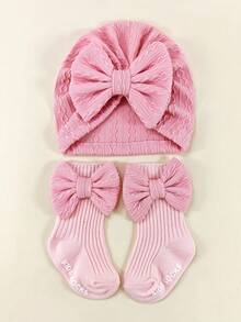 0-6个月婴儿四季花朵弹性头带帽子和袜子套装，新生儿无檐便帽礼盒，婴幼儿头饰配饰套装