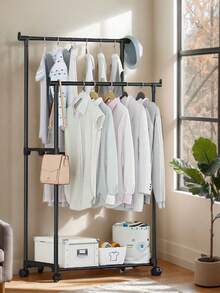 1pc Thickened Double Rod Wheeled Drying Rack, Multi-Layer Storage Clothes Hanger Rack, Bedroom Standing Clothes Pants Shoes Hat Integrated Rack, Lightweight Luxury Hanging Clothes Rack, Indoor Home Use Clothes Hanger Rack, Clothing Store Bedroom Hanging Clothes Rack, Commercial Clothes Rack, Drying Rack - Black - View 8