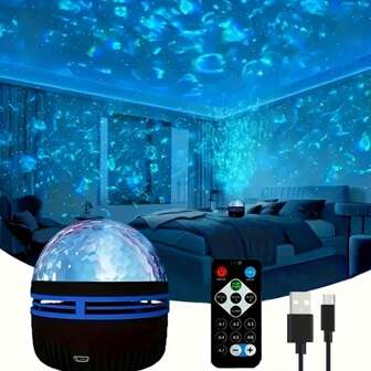 USB Powered Projection Night Light, Remote Control, LED Wave Effect, Perfect For Bedroom, Party, Travel And Home Decor