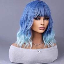 Ombre Blue Wigs For Women Short Curly Wavy Blue Wig For Girls Short Bob Wig With Bangs Heat Resistant Synthetic Wigs For Cosplay Costume Party (Blue Ombre Wig)Essential Festive Atmosphere For Christmas - Nâu và Vàng - Xem 9