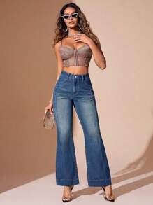 Jeans acampanados de cintura alta para mujer, estilo casual, pantalones de mezclilla lavados claros, campana para mujer para la calle - Azul - Ver 1