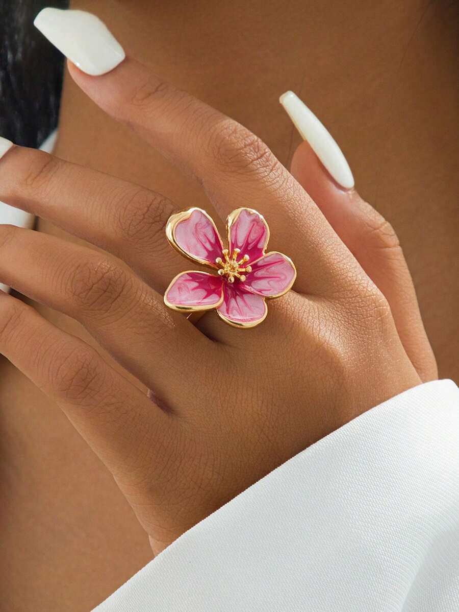 1pc Fashionable Retro Versatile Beach Vacation Dopamine Handmade Tie Dye Pink Plumeria Ring For Women