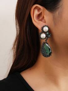 1 Pair Luxury Jewelry Style Copper Inlaid Cubic Zirconia Faux Pearl Pendant Earrings, Suitable For Formal Dresses, Parties And Occasions