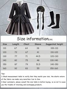 女学生学院制服服装条纹连衣裙假发+袜子3件套服装套装儿童万圣节狂欢节角色扮演生日派对儿童化装舞会 - 黑色 - 查看 11