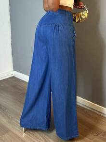 Women's Loose Front Button Wide Leg Washed Lightweight Denim Pants Suitable For Daily Versatile Outings - Rửa tối - Xem 2