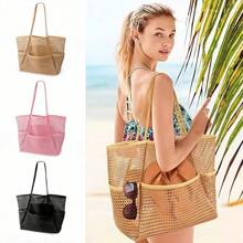 1pc Women's Mesh Beach Tote Bag, Suitable For Picnics, Shoulder Carry Tote Bag, Pool & Leisure Travel Bag, Essential For Beach Vacation, Foldable With Zipper Pocket Large Swimsuit Beach Bag, Waterproof And Anti-Sand Mini Pocket, Suitable For Women Beach Bag, Fit For Picnic, Vacation, Swimming, Beach Travel, Storage Tote