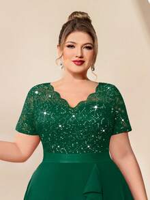 Plus Elegant V-Neck Sequin Lace Contrast Chiffon Ruffle Trim Cocktail Party Swing Dress - Dark Green - View 8