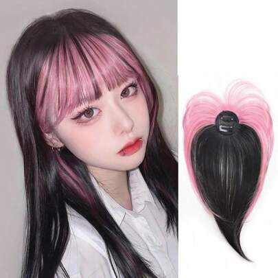 10" Clip-In Bangs Hair Topper With 360° Coverage - Red Pink Green Synthetic Straight Hair Topper With Colorful Bangs For Women, Cosplay, Halloween, Daily & Party Use, Party Hair Extensions | Playful Design | Easy Application
