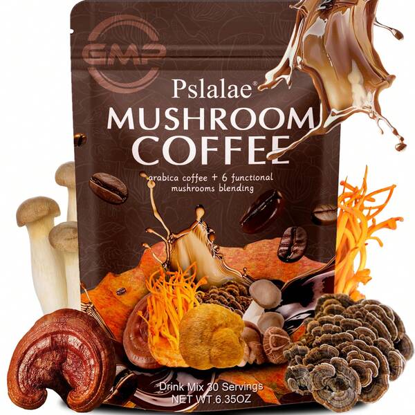 PSLALAE Mushroom Coffee - Reishi, Cordyceps, Energy, Mental Clarity, Focus Support, Memory Enhancement, Relieve Fatigue