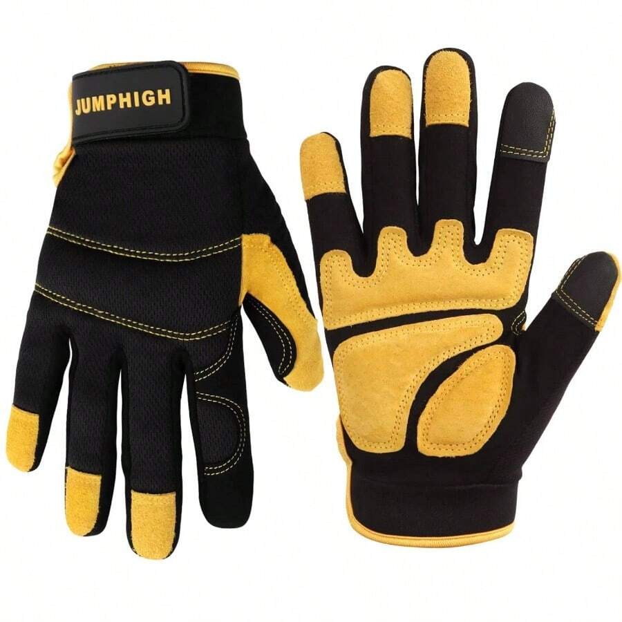 Mens Work Gloves, Synthetic Leather Mechanic Gloves, Utility, Touchscreen, Multipurpose, Construction, Warehouse, Truck Driving - Large+++Yellow - View 1