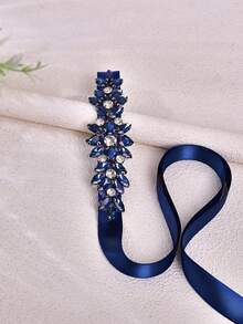 1pc Full Crystal Bridal Sash, Formal Dress Waist Accessory, Bridesmaid Waist Belt - Navy Blue Ribbon - View 7
