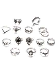 15pcs/Set Rhinestone Decor Star, Sun, Moon, Butterfly, Letter Design Rings - Antique Silver - View 5