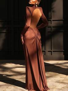High Neck Long Sleeve Fitted Sexy Backless Solid Color Dress, Summer