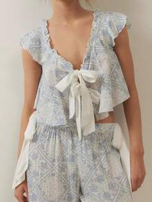 Women's 2 Piece Floral Pajamas Sets Tie Front Fly Sleeves Crop Tops And Elastic Waist Wide Leg Pants Sets Lounge Outfits Sleepwear Homewear - 藍色 - 查看 2