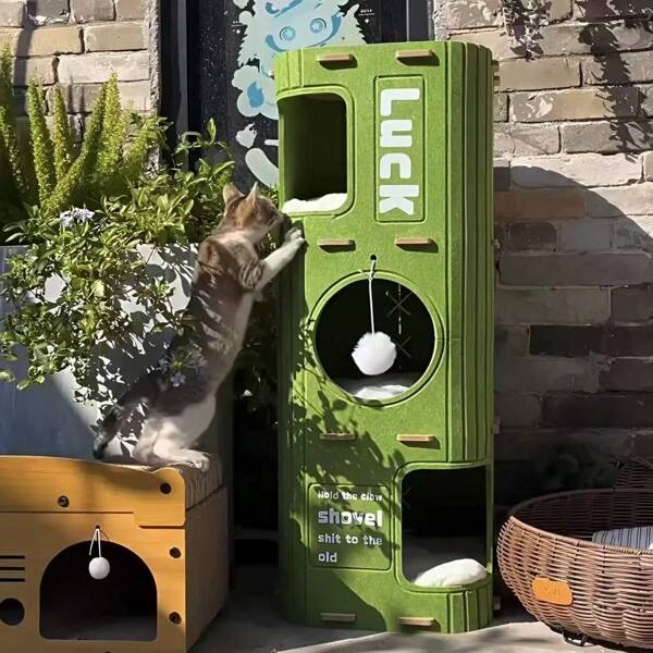 2pcs 3-Tier Cat Tree & Cave House, Multi-Functional Climbing Frame And Bed Nest With Felt Material For Natural Instincts, Large Perforated Ventilation, Optional Scratching Posts, Space-Saving Detachable Design For Multiple Cats | Cat Ladder | Claw Pole | Multi-Level Cat Bed