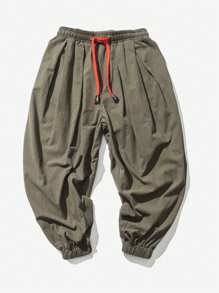 男士宽松亚麻灯笼裤，休闲阔腿哈伦七分裤，轻盈透气，适合春秋季穿着 - 綠色 - 查看 4