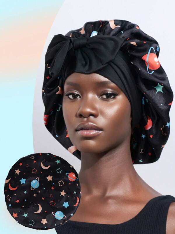 Touca de cetim com cadarço e laço, 1 peça, cor sólida, elástica, touca de dormir leve, touca de banho, toucas de cabelo para mulheres e meninas, preta