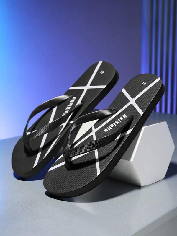 Plus Size Men's Minimalist Slanted Stripe Design Black Flip Flops