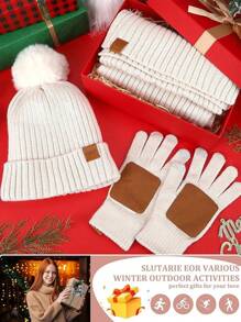 Halloween Decor Winter Beanie Hat Scarf Gloves Set, Fleece Lined Beanie Pom Long Scarf Neck Warmer Touchscreen Gloves Women Men - Beige - View 5