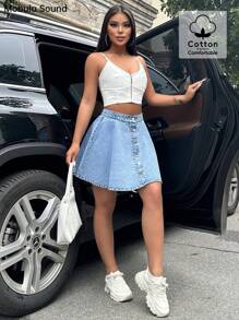 Mobula Sound Casual Fashion Elegant Loose A-Line Denim Skirt, Suitable For Summer Music Festival, Vacation, For Women - Blue - View 2