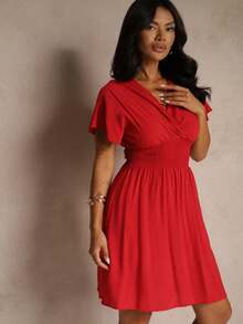 Summer Casual Solid Color Cinched Waist Dress - Burgundy - View 4