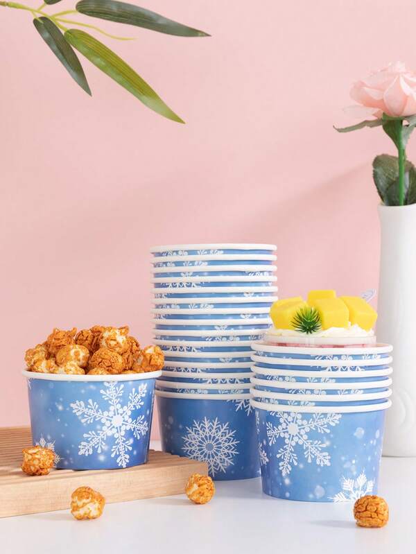 10 piezas/25 piezas Juego de tazones de papel desechables con tema de copos de nieve, tazones de papel para fiestas temáticas, cumpleaños, reuniones familiares, picnics, restaurantes, para llevar, eventos de fiesta