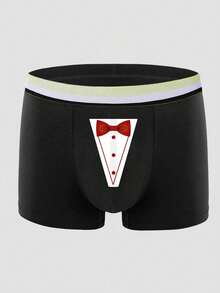 Men's Black Fashionable Printed Pattern Boxer Briefs, Elastic Underwear For Daily Wear - Black - View 1