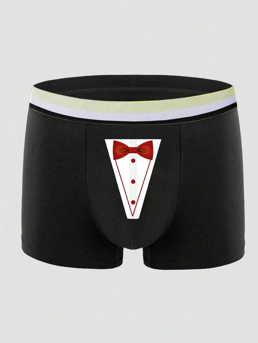 Men's Black Fashionable Printed Pattern Boxer Briefs, Elastic Underwear For Daily Wear - Black - View 1