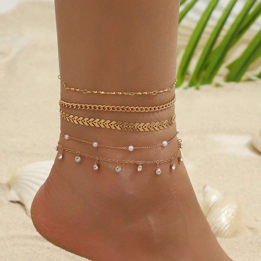 5 件时尚百搭铜金属多元素链条设计搭配水晶吊坠脚链套装，适合海滩、派对、珠宝配饰 - 彩色 - 查看 1