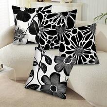 MEMNUN 1pc, Modern Black And White Floral Printed Pillowcases - Machine Washable, Zip Closure Cushion Cover With Simple Flower Design, 17.7 X 17.7 Inches, Decorative Throw Pillow Covers For Sofa Couch Living Room Bedroom (Without Fill) Pillow Case Room Decor Pillow Cases Cushion Covers