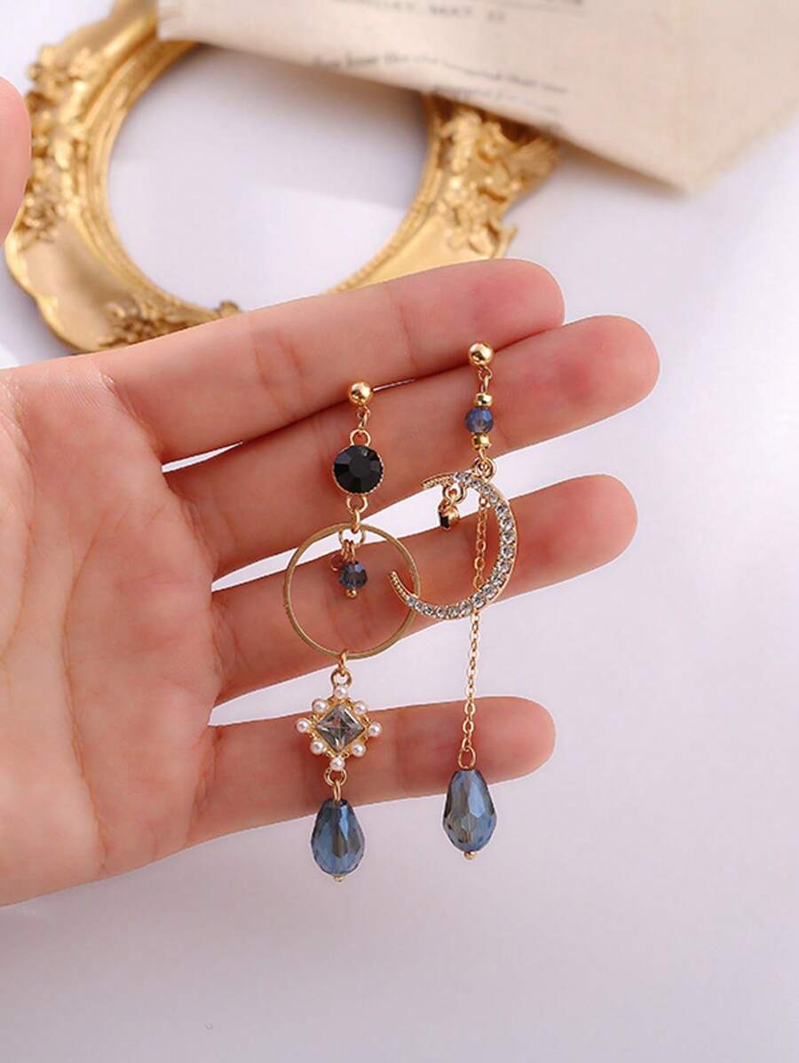 女士优雅蓝色水钻泪珠月亮流苏不对称长耳环