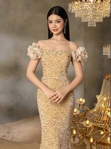 Alisa&Leo Teen Girls' Sequin Off-Shoulder Evening Dress With Ruffled Tulle Sleeves - Elegant Fish-Tail Formal Dress For Spring Summer | Graduate Parties, Coming Of Age Ceremony - Champagne - View 6