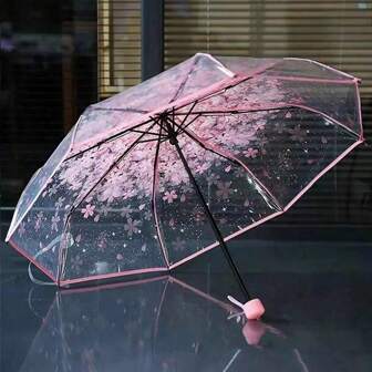 1PC Folding Umbrella, Convenient To Carry Cute And Fresh Umbrellas, Simple Forest Cherry Blossom Transparent Umbrella, Cute Cherry Blossom Pattern Transparent Umbrella, Folding Umbrella, Women's Manual Umbrella, Travel Umbrella Summer Cooling,Beach,Travel