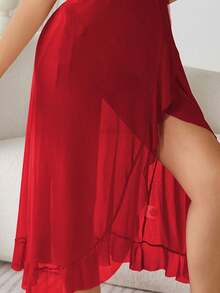 SOFUSEN 性感V领无袖吊带睡裙配丁字裤套装，内衣套装 - 酒紅色 - 查看 5