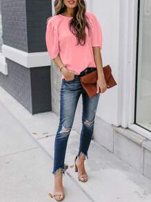 Women's Solid Short Sleeve Blouse Summer Crew Neck Casual Tops Fashion Puffed Sleeve Shirt